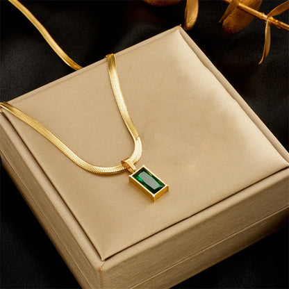 Gold-Plated Anti Tarnish Green Geometric Pendant Necklace