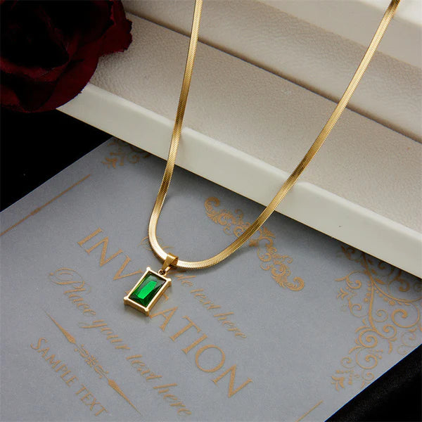 Gold-Plated Anti Tarnish Green Geometric Pendant Necklace