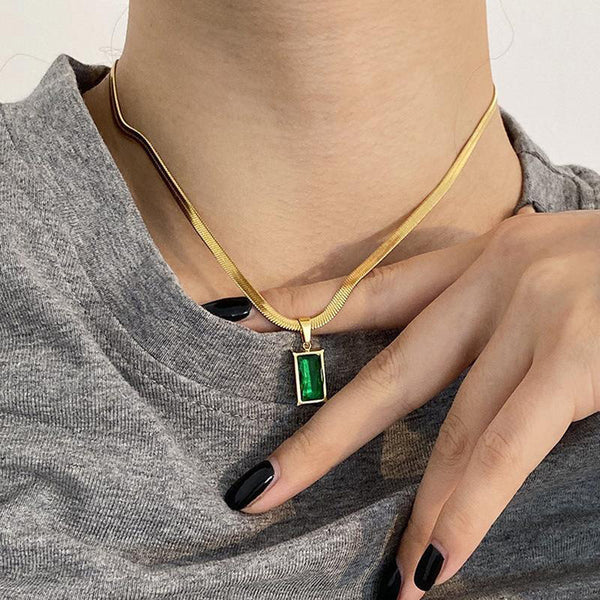 Gold-Plated Anti Tarnish Green Geometric Pendant Necklace